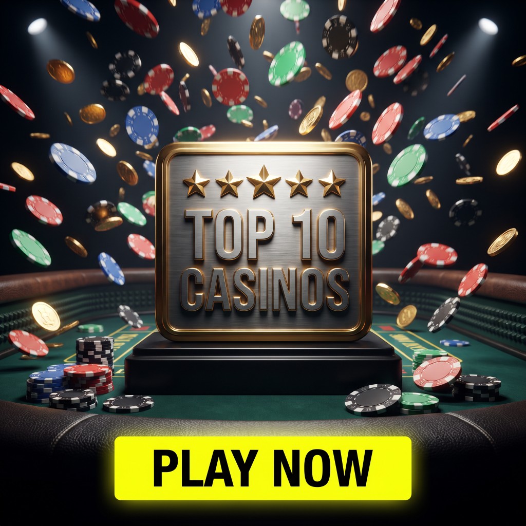 Brushed-metal Top 10 Casinos plaque with gold stars, flying chips and a yellow Play Now button on green felt